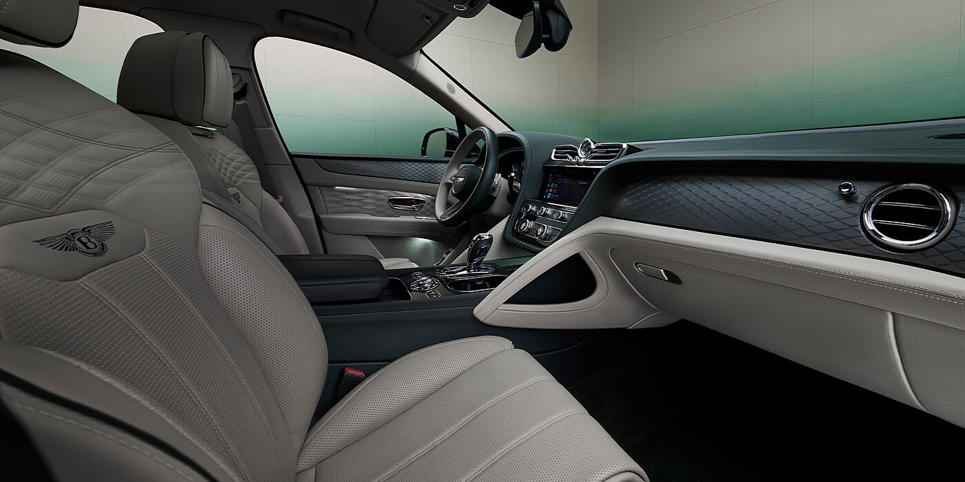 Bentley Bordeaux Bentley Bentayga Extended Wheelbase Atelier Edition SUV front interior in Portland and Cumbrian Green hides with Dark Tint Diamond Brushed Aluminium veneer