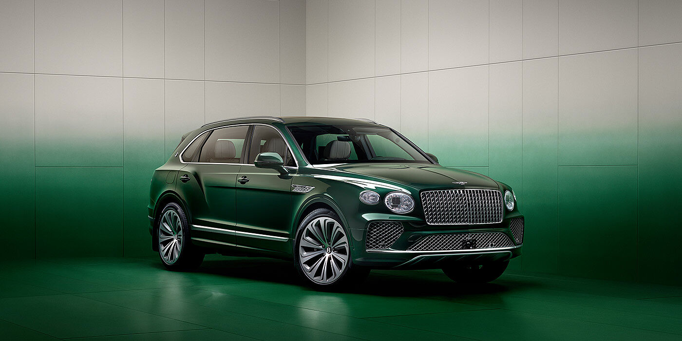Bentley Bordeaux Bentley Bentayga Extended Wheelbase SUV in Light Emerald green paint front three quarter in green grey room