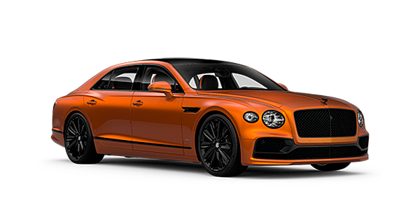 Bentley Bordeaux Bentley Flying Spur Speed front side angled view in Orange Flame coloured exterior. 