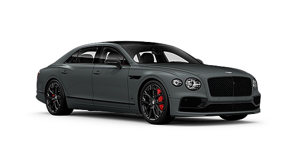 Bentley Bordeaux Bentley Flying Spur S front side angled view in Cambrian Grey coloured exterior. 