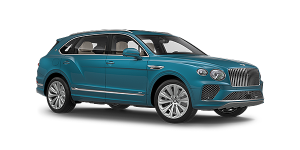 Bentley Bordeaux Bentayga Extended Wheelbase Azure luxury SUV front three quarter in Topaz Blue by Mulliner paint